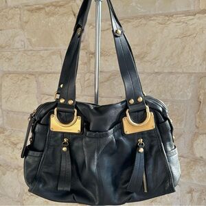 B. Makowsky Black Shoulder Bag with Gold Accents